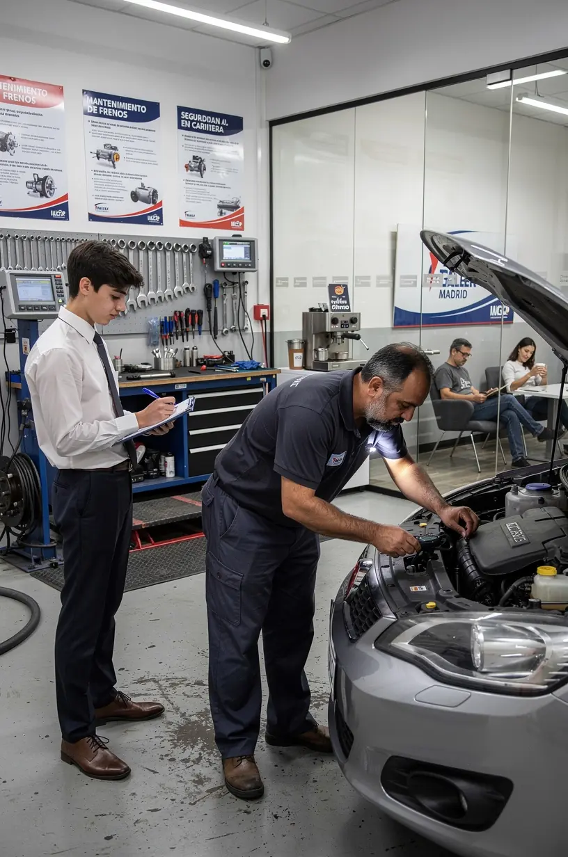 Detalle de suspensión de automóvil desmontada en taller especializado en mantenimiento crítico.