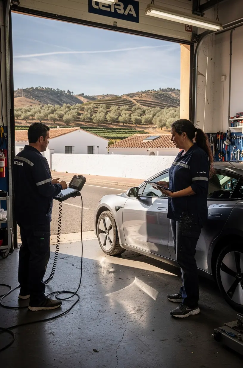 Equipo de mecánicos profesionales realizando revisión exhaustiva de frenos y amortiguadores.